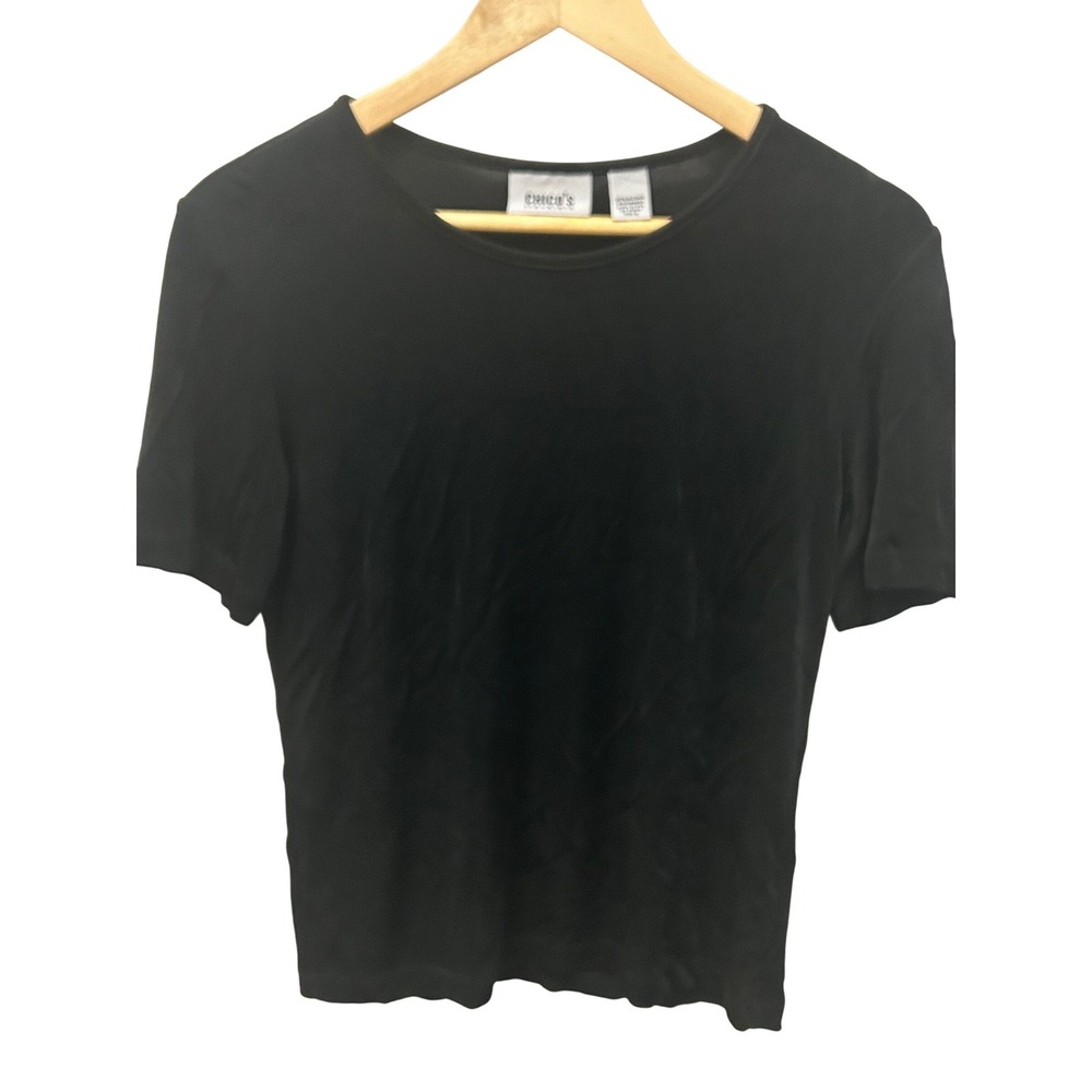 Chico's Travelers Black Crew Neck Tee Womens Size 0 XS 2-4 Acetate Stretch - Picture 3 of 3